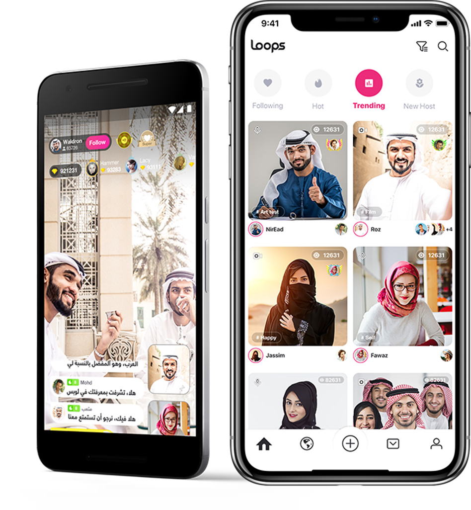 Loops app interface showing live streaming and social features